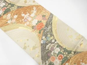 流水に菊・秋草・牡丹模様織出し袋帯